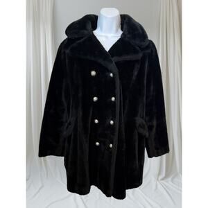 Vtg 1960s Blk Faux Fur Dbl Breasted Coat w Fur-Trim Gloves USA by Wash & Wear